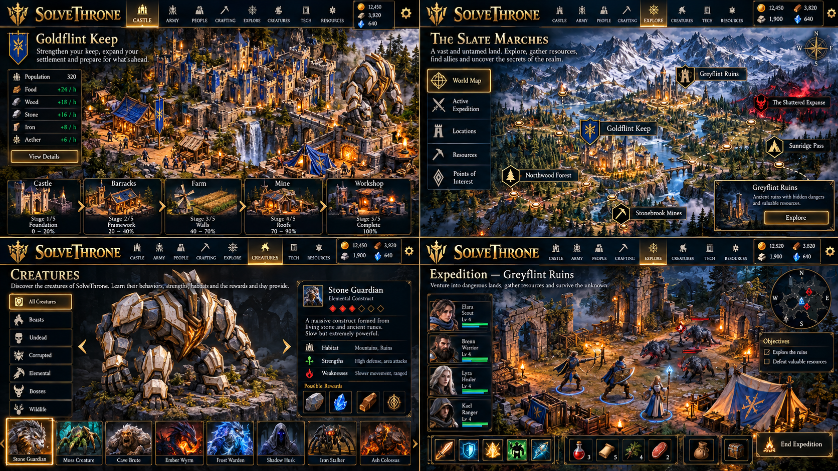 Concept Mockup: an illuminated castle, exploration map, creature profile and expedition preparation arranged in four panels