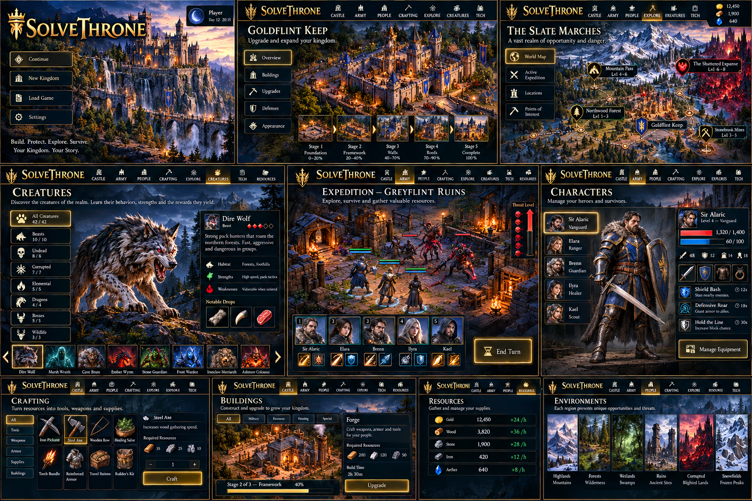 Concept Mockup: menu, castle stages, map, combat, characters, crafting and resource panels above forest, snow and lake environments