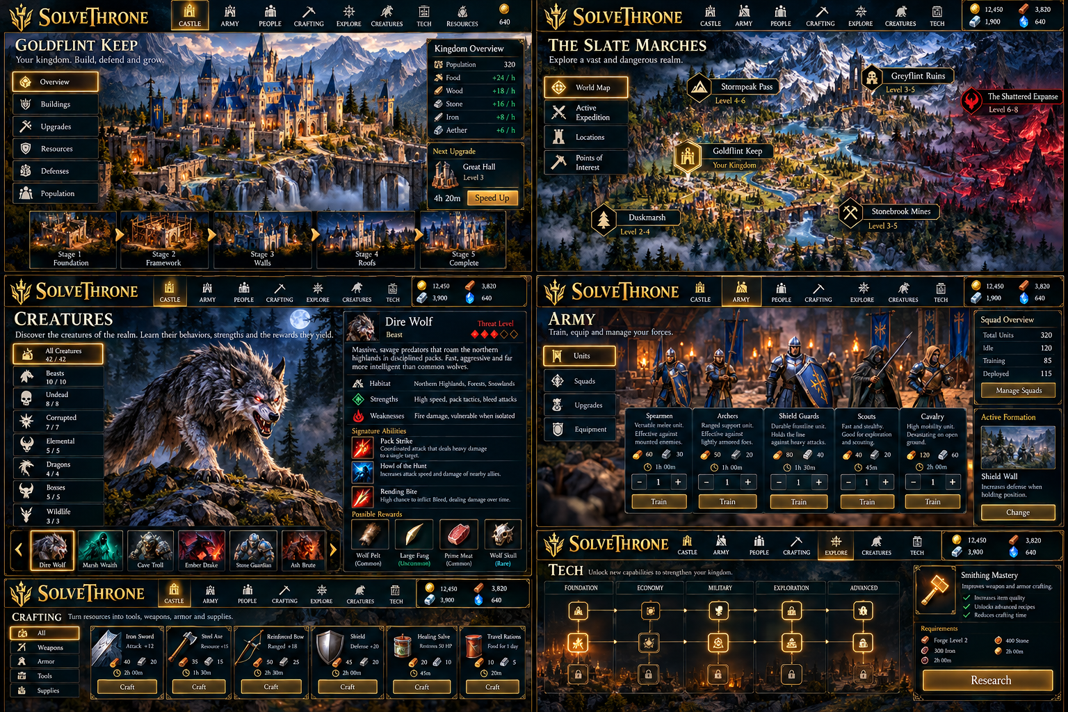 Concept Mockup: castle and world panels alongside creature, army, equipment crafting and technology interface studies