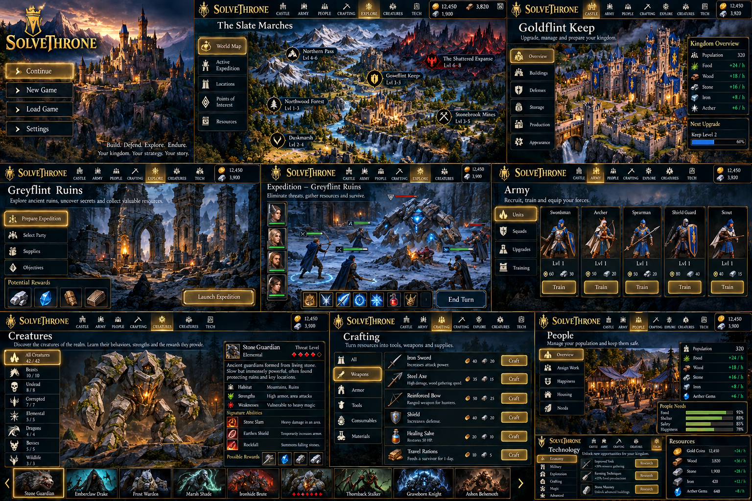 Concept Mockup: title, kingdom and map studies with expedition preparation, a large creature encounter, crafting and people panels