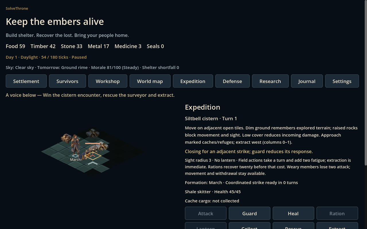 An equipped squad confronts a shale creature on the cistern tactical board while unexplored terrain remains dark
