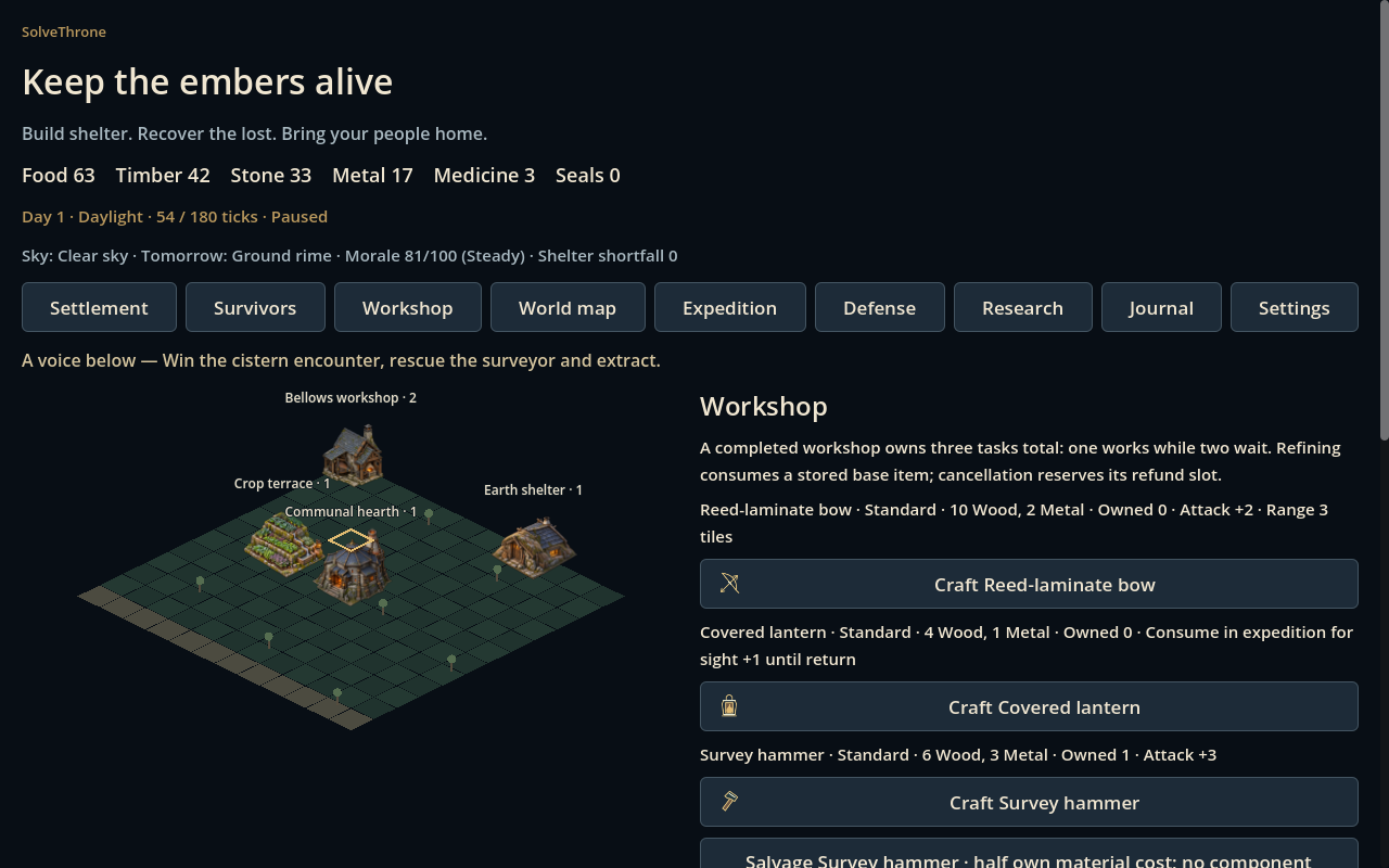 A completed workshop with original bow, lantern and hammer icons beside crafting costs and actions