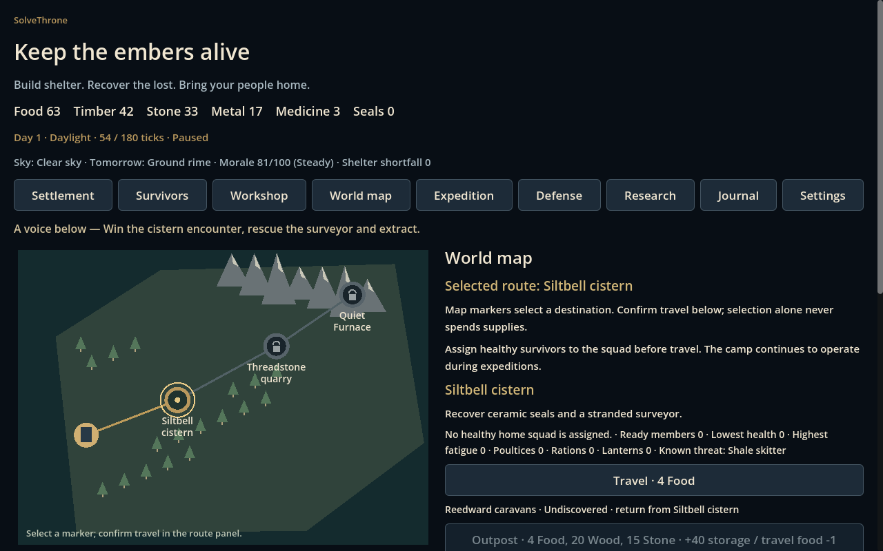 A connected world map showing the unlocked cistern route and the still-locked quarry and furnace routes